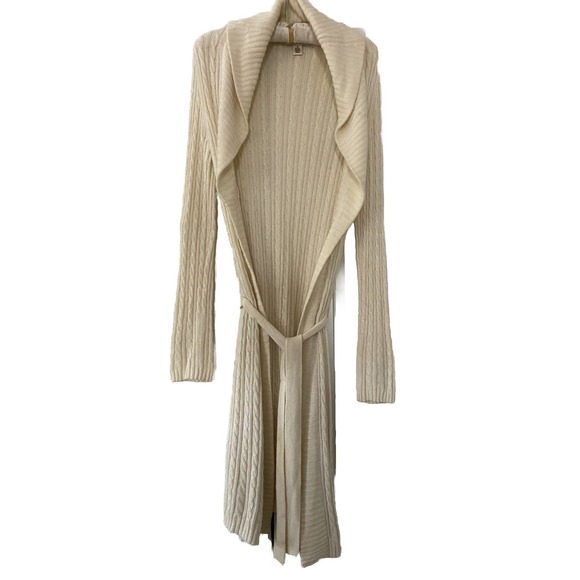 Ann Taylor Cashmere Collared Wrap Robe Cable Knit w/ Belt Tie Lounge Sz XS Ivory - Picture 1 of 7